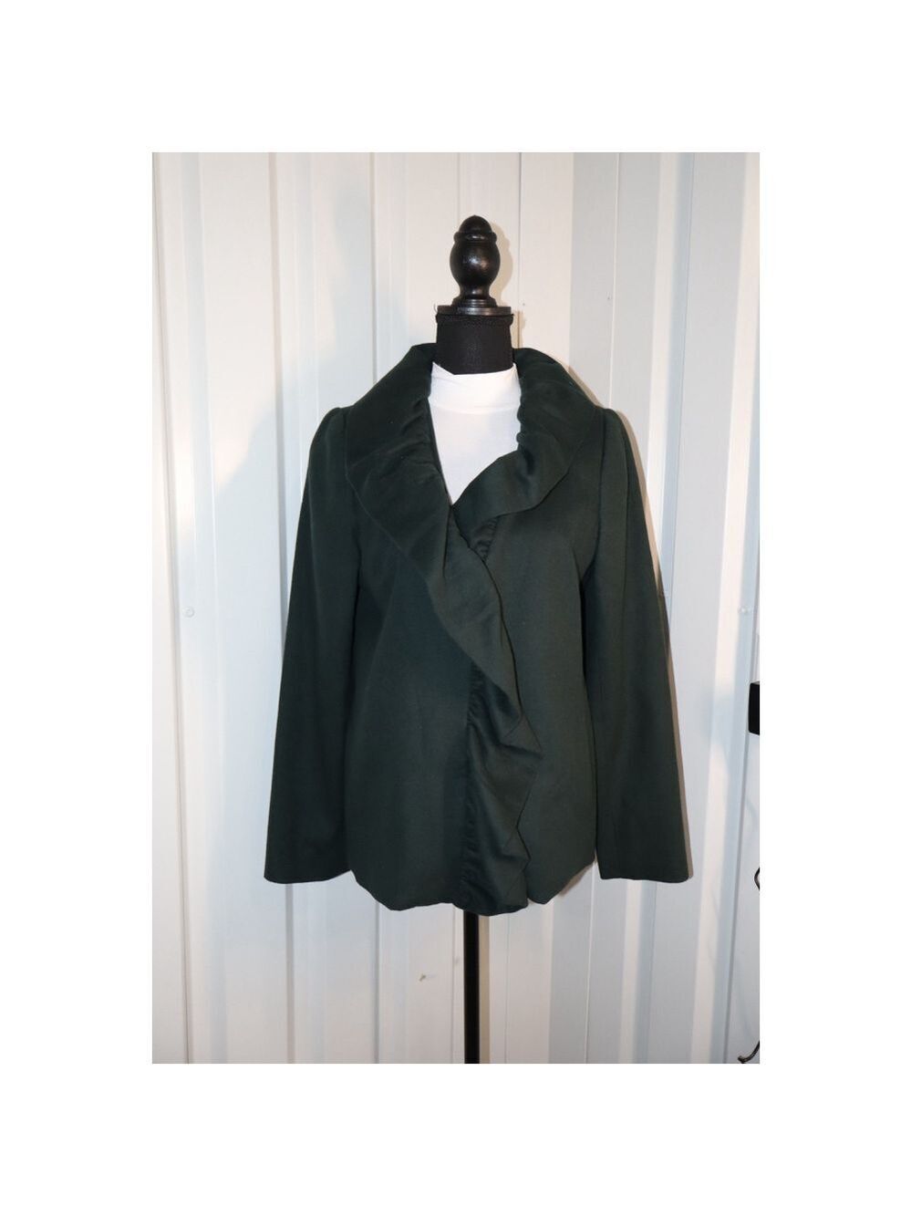 Milly of New York Womens Dark Green Wool Blend Ruffle Collar Pea Coat Size 6